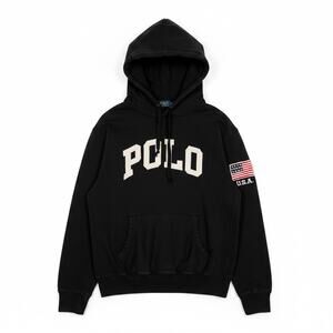 Polo by Ralph Lauren Black Hoodie with Cream Polo Lettering and USA Flag Patch